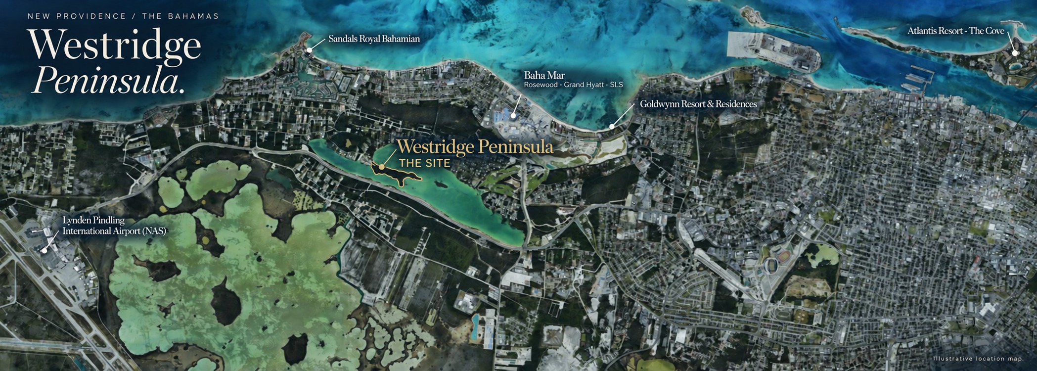Illustrative satellite map locating Westridge Peninsula, Lynden Pindling International Airport, Sandals Royal Bahamian, Baha Mar, Goldwynn Resort and Residences, and Atlantis Resort The Cove.